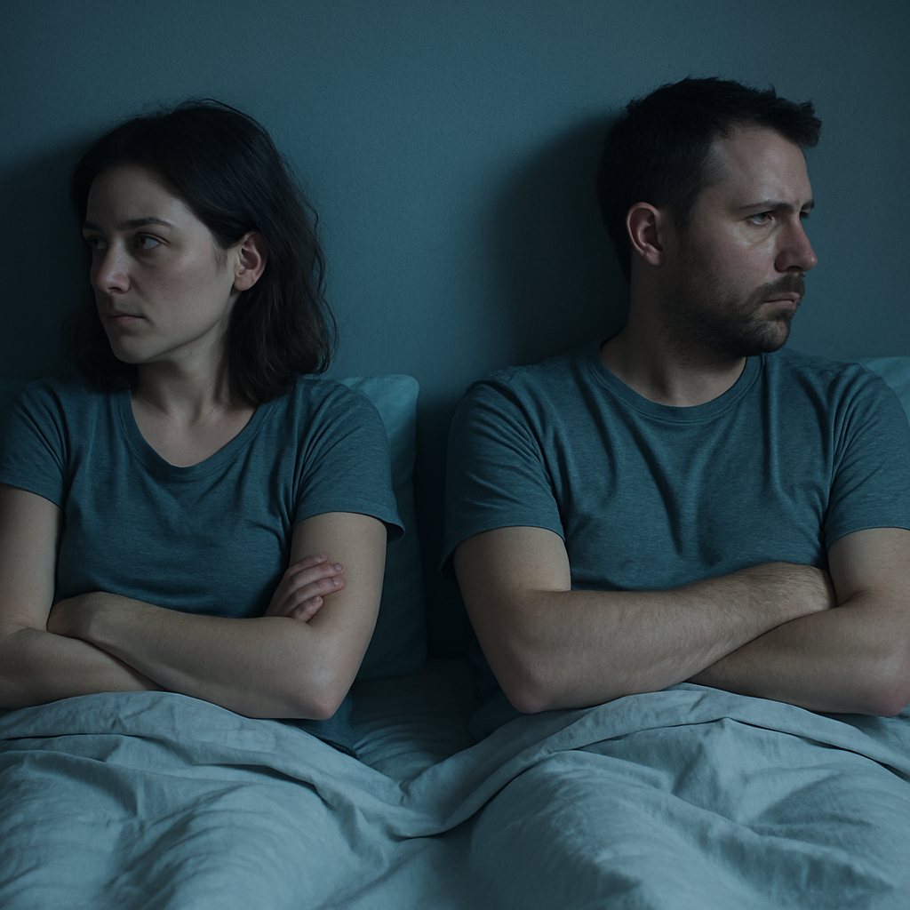 Pareja sentada en la cama, de espaldas el uno al otro y con los brazos cruzados, sin contacto físico